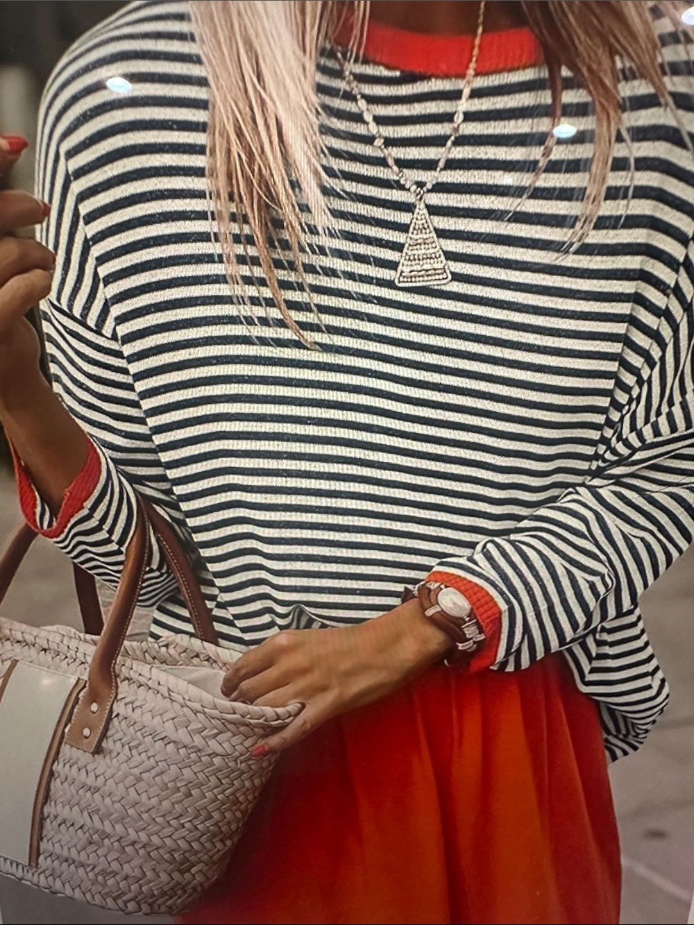 Jessica Black and White Striped Sweater with Orange Trim, size medium - Picture 10 of 13